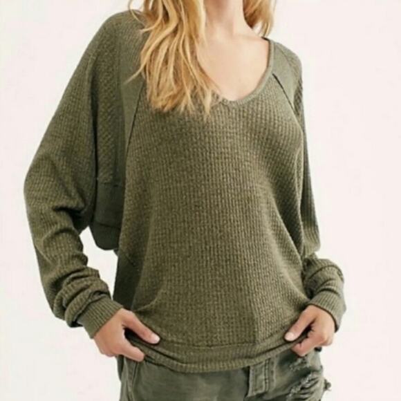 Free People Santa Clara Thermal Top Shirt Ferngully (Green) Slouchy V-Neck S New - Picture 1 of 12